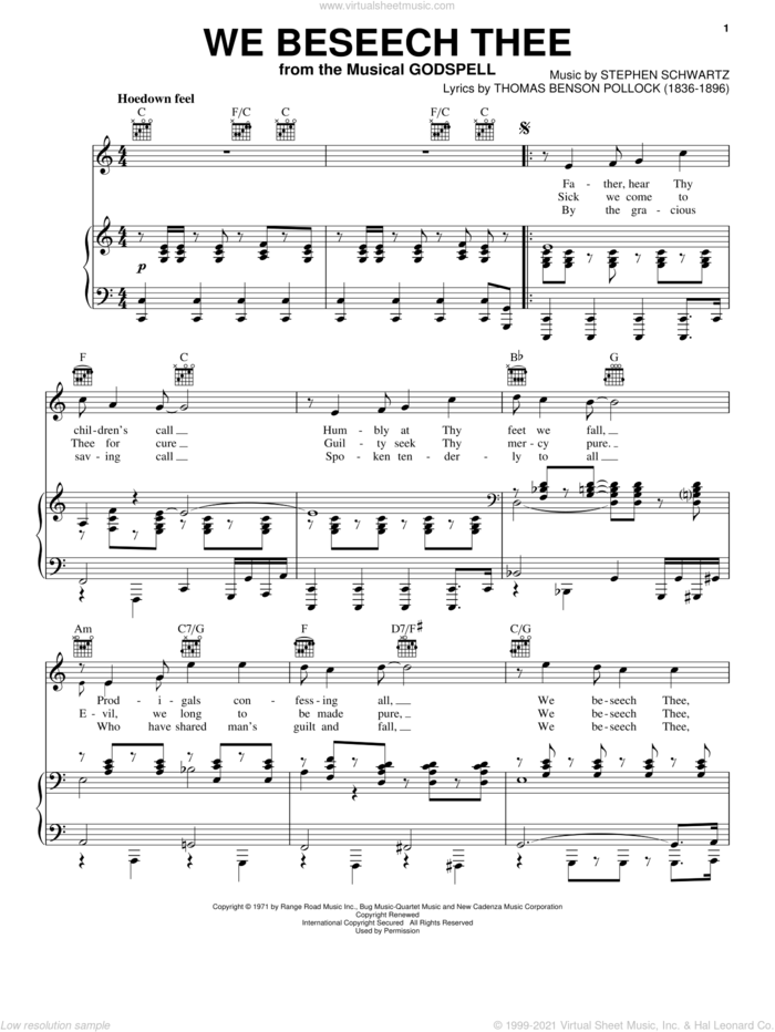 We Beseech Thee sheet music for voice, piano or guitar by Stephen Schwartz and Godspell (Musical), intermediate skill level