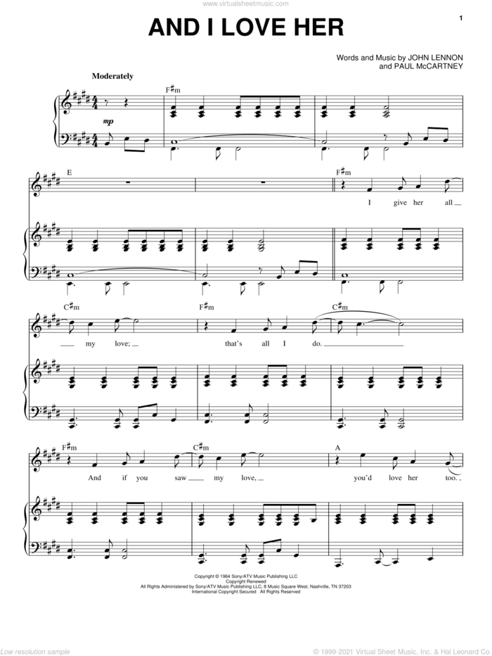 And I Love Her sheet music for voice and piano by The Beatles, John Lennon and Paul McCartney, intermediate skill level