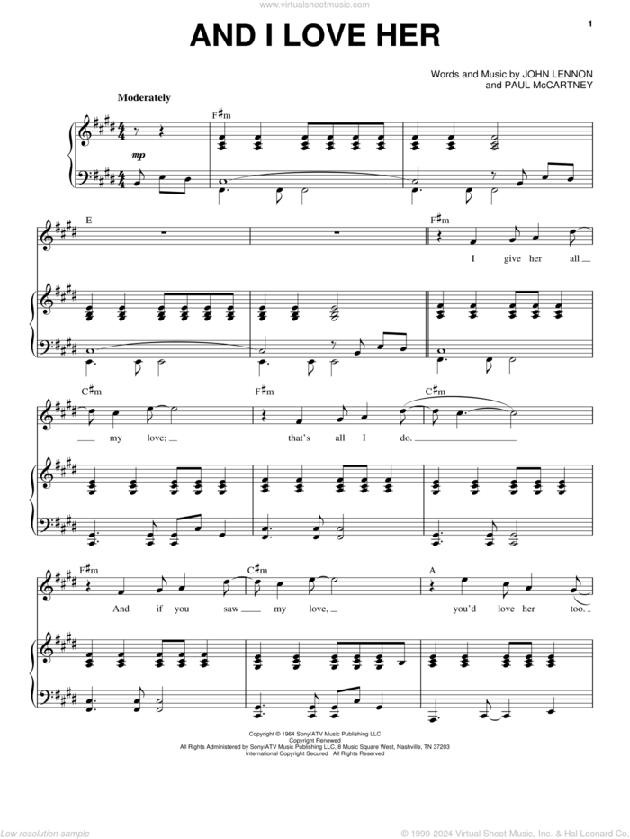 And I Love Her sheet music for voice and piano by The Beatles, John Lennon and Paul McCartney, intermediate skill level