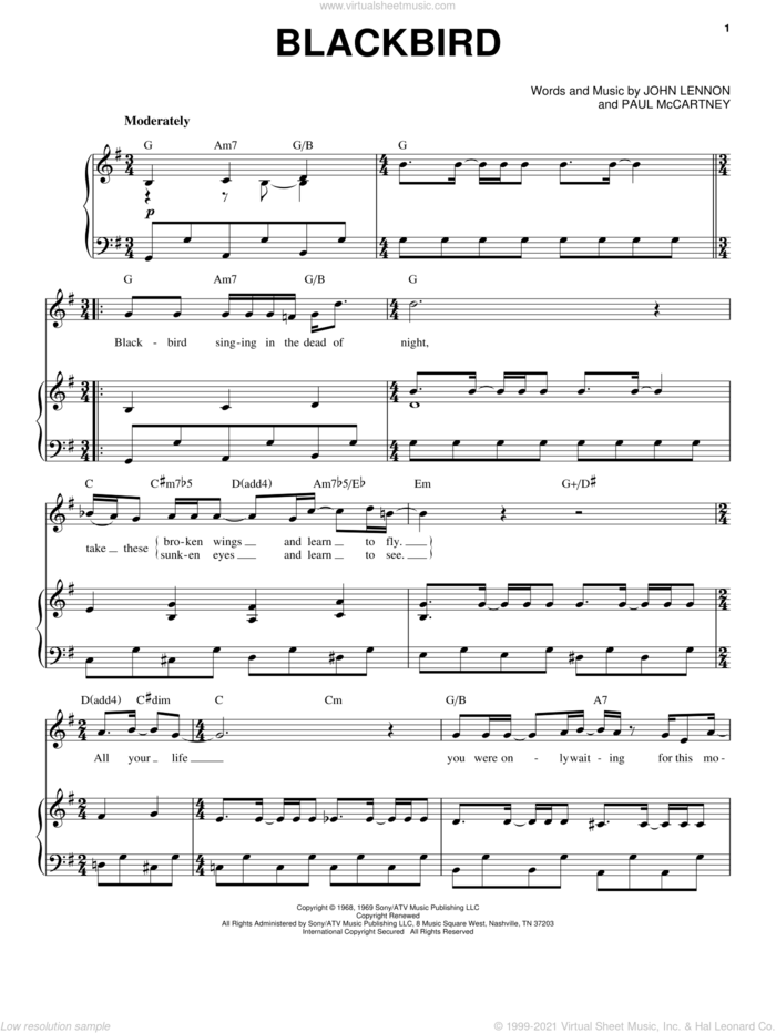 Blackbird sheet music for voice and piano by The Beatles, John Lennon and Paul McCartney, intermediate skill level