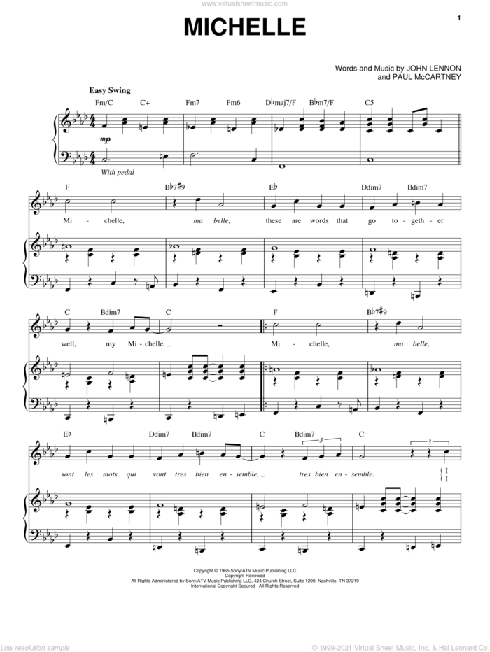 Michelle sheet music for voice and piano by The Beatles, John Lennon and Paul McCartney, intermediate skill level