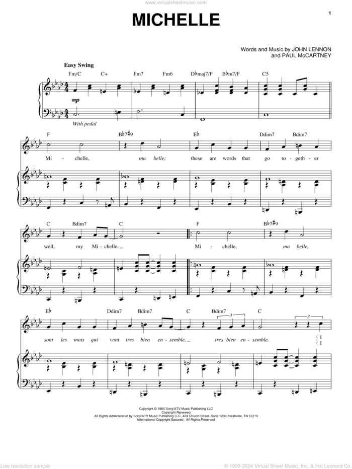 Michelle sheet music for voice and piano by The Beatles, John Lennon and Paul McCartney, intermediate skill level