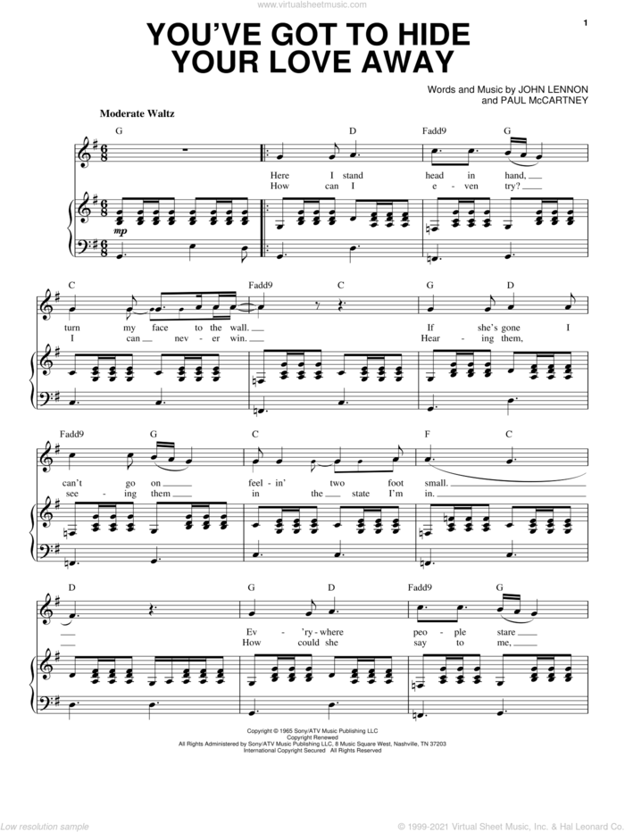 You've Got To Hide Your Love Away sheet music for voice and piano by The Beatles, John Lennon and Paul McCartney, intermediate skill level
