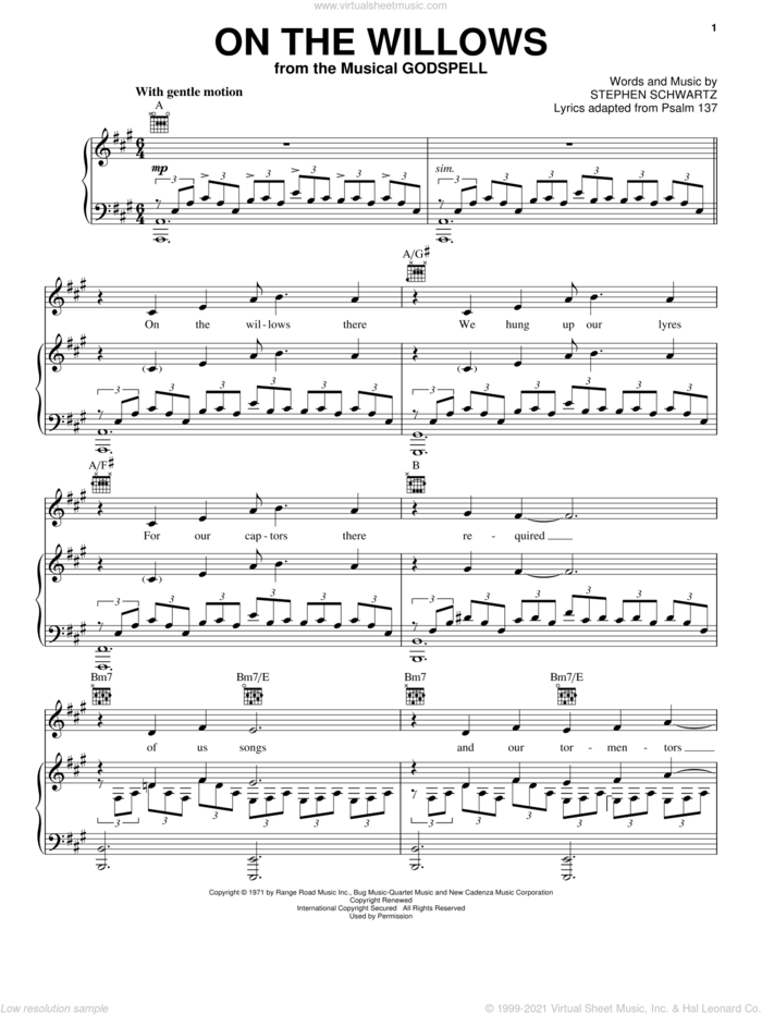 On The Willows sheet music for voice, piano or guitar by Stephen Schwartz and Godspell (Musical), intermediate skill level