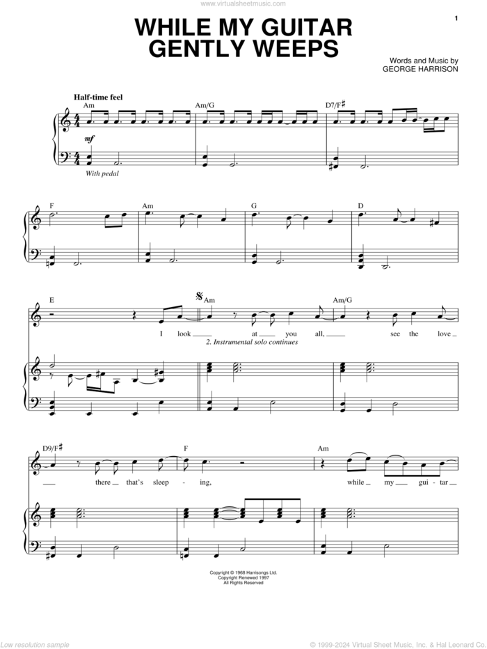 While My Guitar Gently Weeps sheet music for voice and piano by The Beatles, George Harrison, John Lennon and Paul McCartney, intermediate skill level