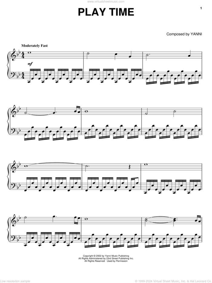 Play Time sheet music for piano solo by Yanni, intermediate skill level