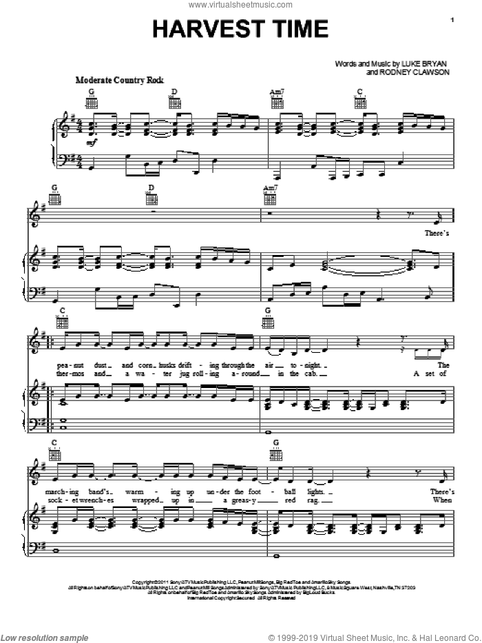 Harvest Time sheet music for voice, piano or guitar by Luke Bryan and Rodney Clawson, intermediate skill level