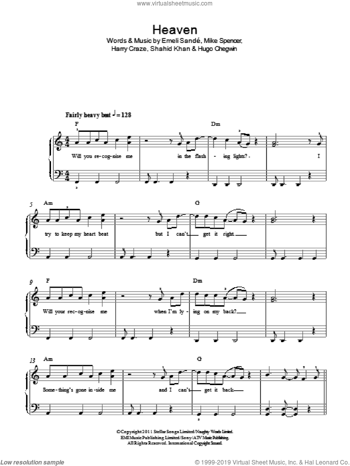 Heaven sheet music for piano solo by Emeli Sande, Harry Craze, Hugo Chegwin, Mike Spencer and Shahid Khan, easy skill level