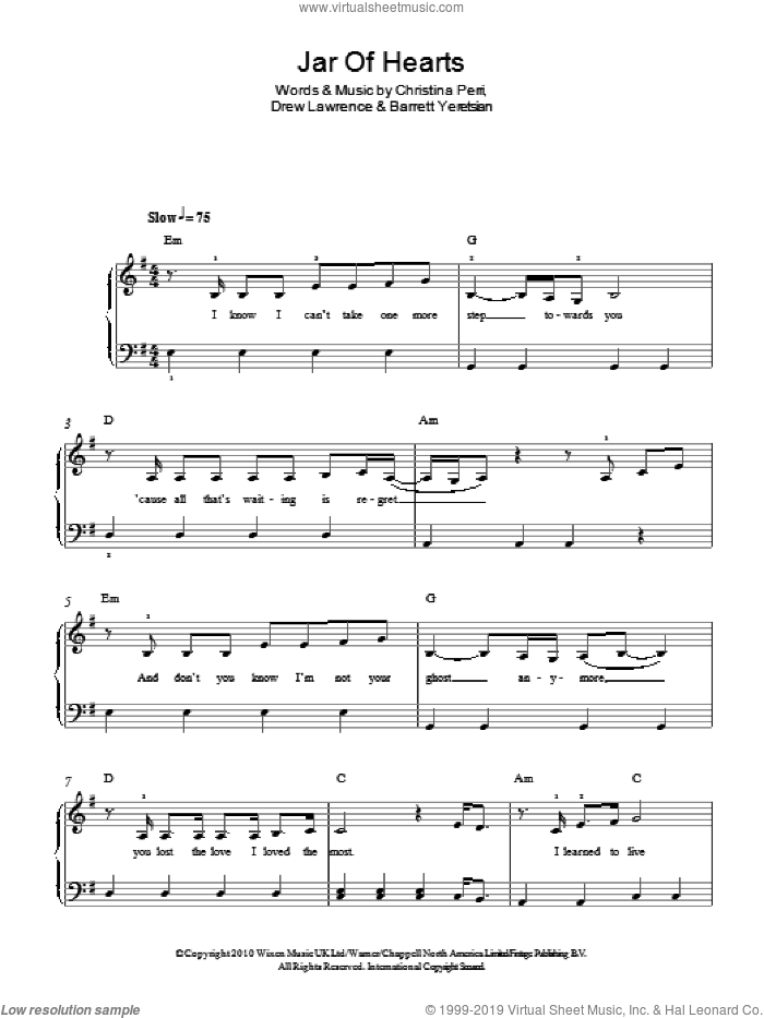 Jar Of Hearts sheet music for piano solo by Christina Perri, Barrett Yeretsian and Drew Lawrence, easy skill level