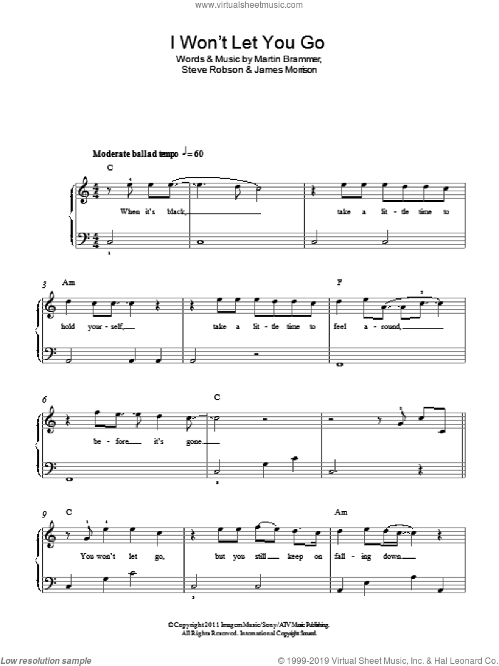 I Won't Let You Go sheet music for piano solo by James Morrison, Martin Brammer and Steve Robson, easy skill level