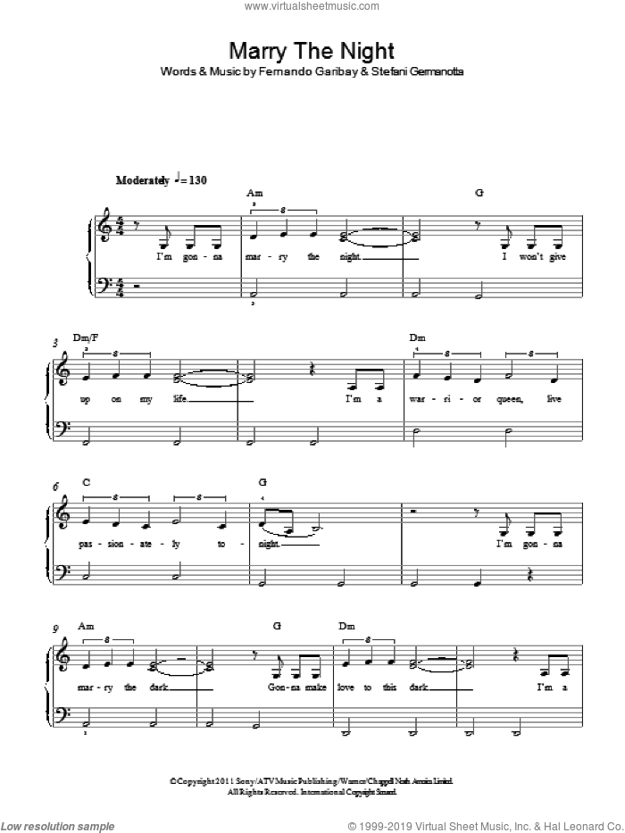 Marry The Night sheet music for piano solo by Lady Gaga and Fernando Garibay, easy skill level