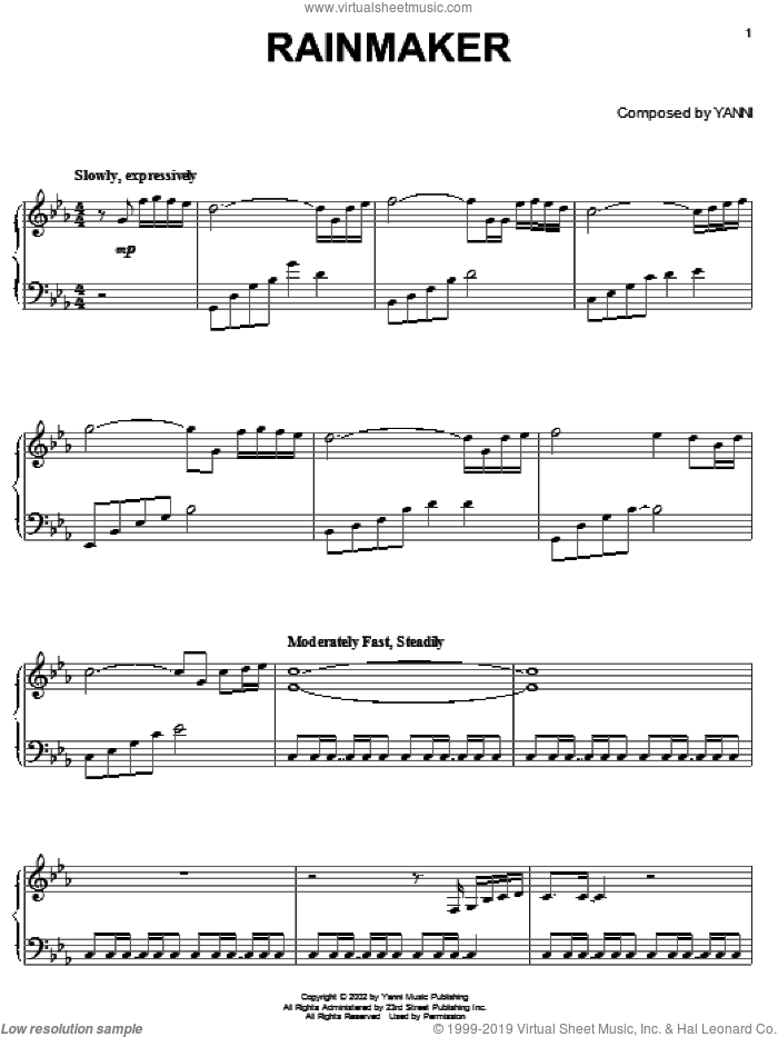 Rainmaker sheet music for piano solo by Yanni, intermediate skill level
