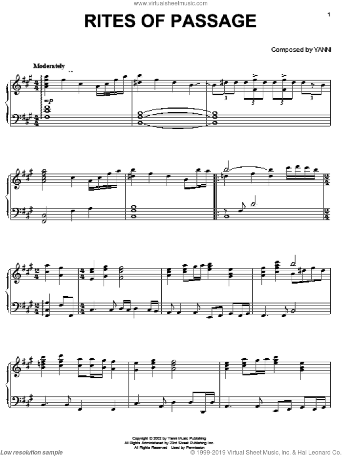 Rites Of Passage sheet music for piano solo by Yanni, intermediate skill level