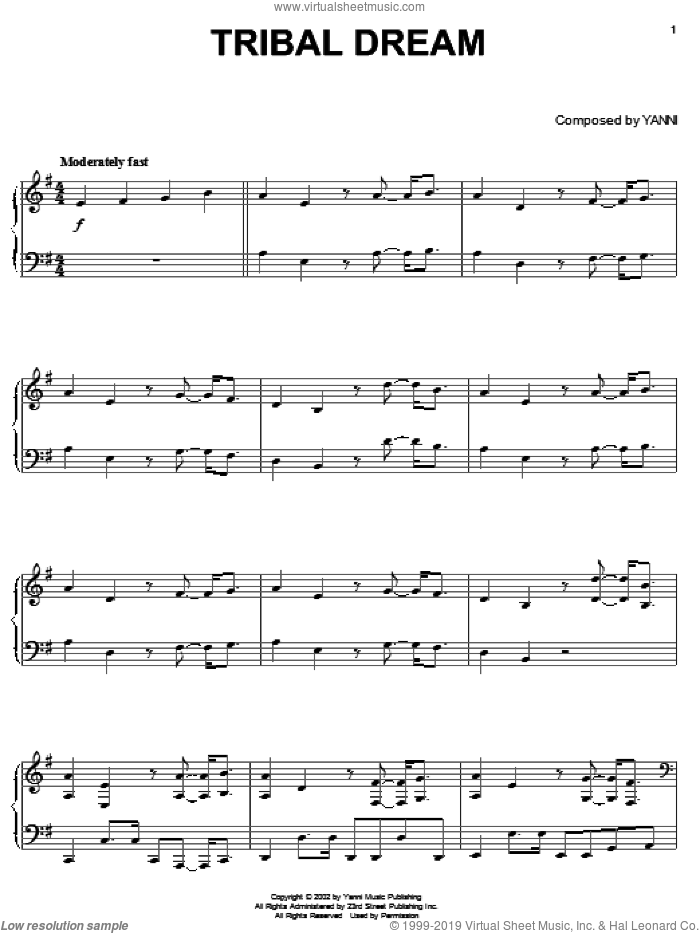Tribal Dream sheet music for piano solo by Yanni, intermediate skill level