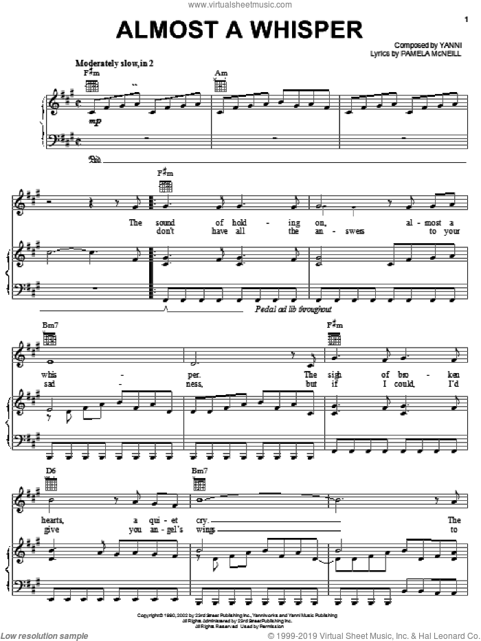 Almost A Whisper sheet music for voice, piano or guitar by Yanni and Pamela McNeill, intermediate skill level