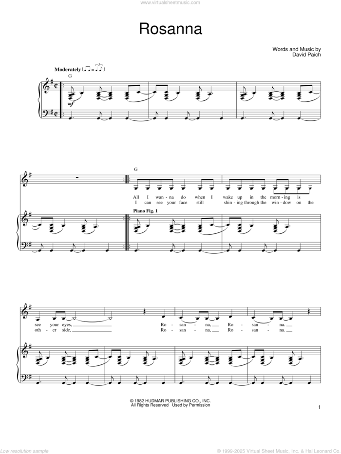 Rosanna sheet music for voice, piano or guitar by Toto and David Paich, intermediate skill level