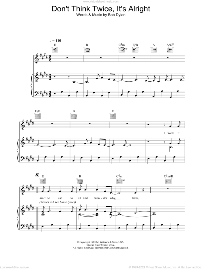 Don't Think Twice, It's Alright sheet music for voice, piano or guitar by Bob Dylan, intermediate skill level