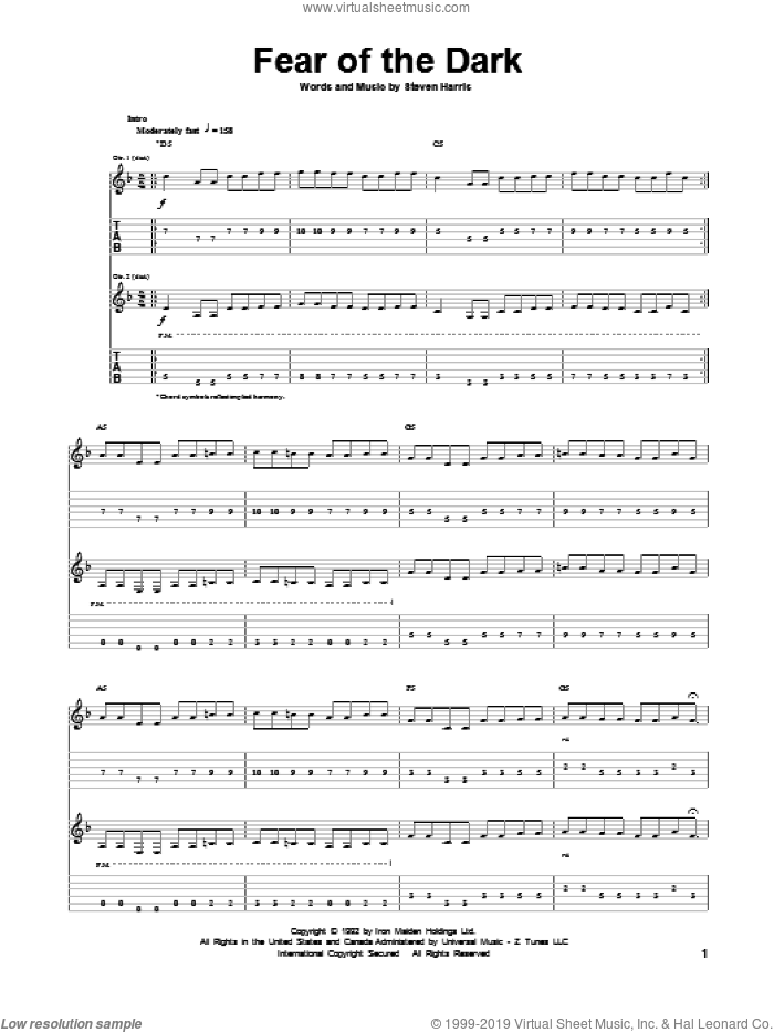 Fear Of The Dark sheet music for guitar (tablature) by Iron Maiden and Steve Harris, intermediate skill level
