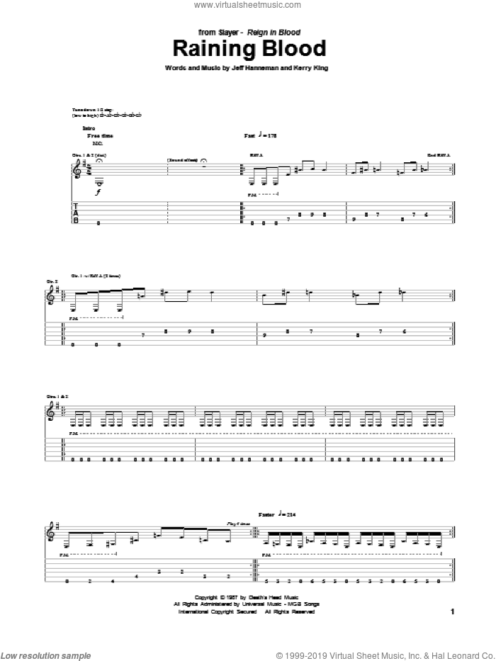 Raining Blood sheet music for guitar (tablature) by Slayer, Jeff Hanneman and Kerry King, intermediate skill level