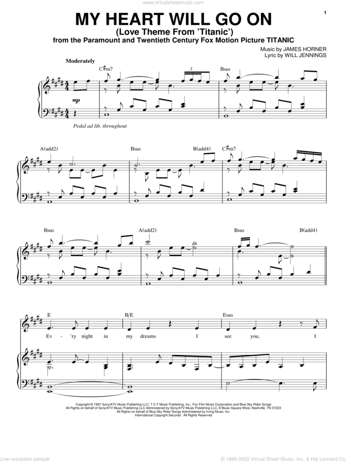 My Heart Will Go On (Love Theme from Titanic) sheet music for voice and piano by Celine Dion, James Horner and Will Jennings, wedding score, intermediate skill level