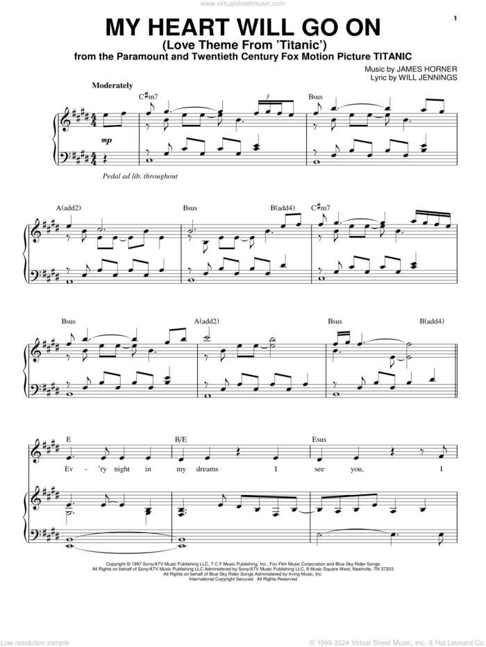 My Heart Will Go On (Love Theme from Titanic) sheet music for voice and piano by Celine Dion, James Horner and Will Jennings, wedding score, intermediate skill level