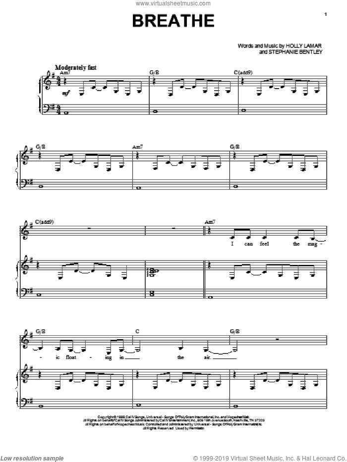 Breathe sheet music for voice and piano by Faith Hill, Holly Lamar and Stephanie Bentley, intermediate skill level