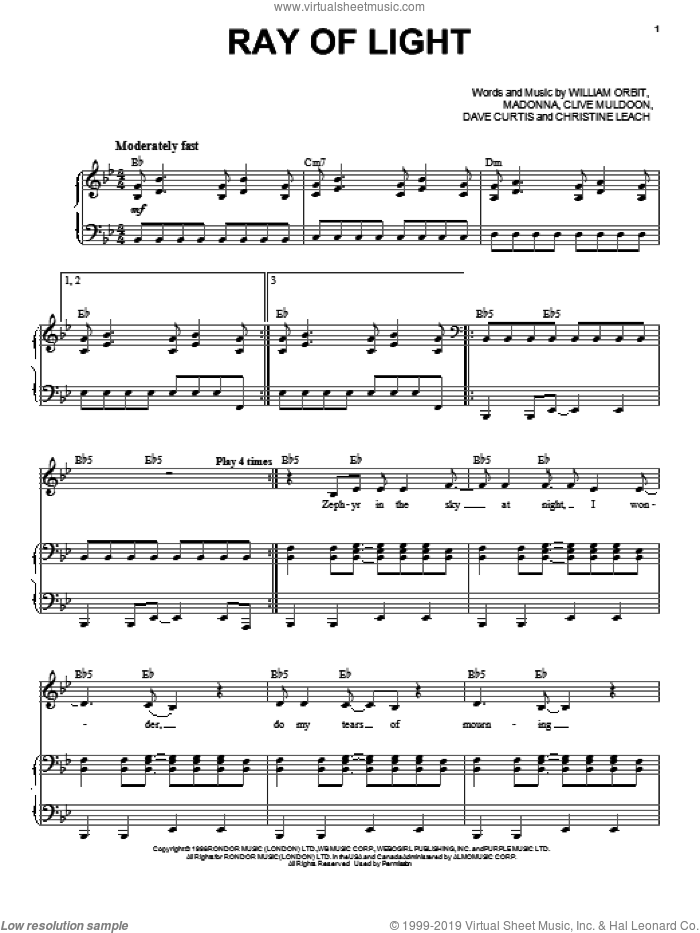 Ray Of Light sheet music for voice and piano by Madonna, Christine Leach, Clive Muldoon, Dave Curtis and William Orbit, intermediate skill level