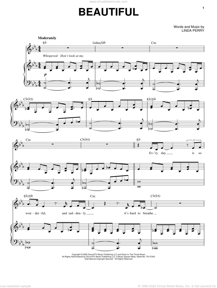 Beautiful sheet music for voice and piano by Christina Aguilera and Linda Perry, intermediate skill level