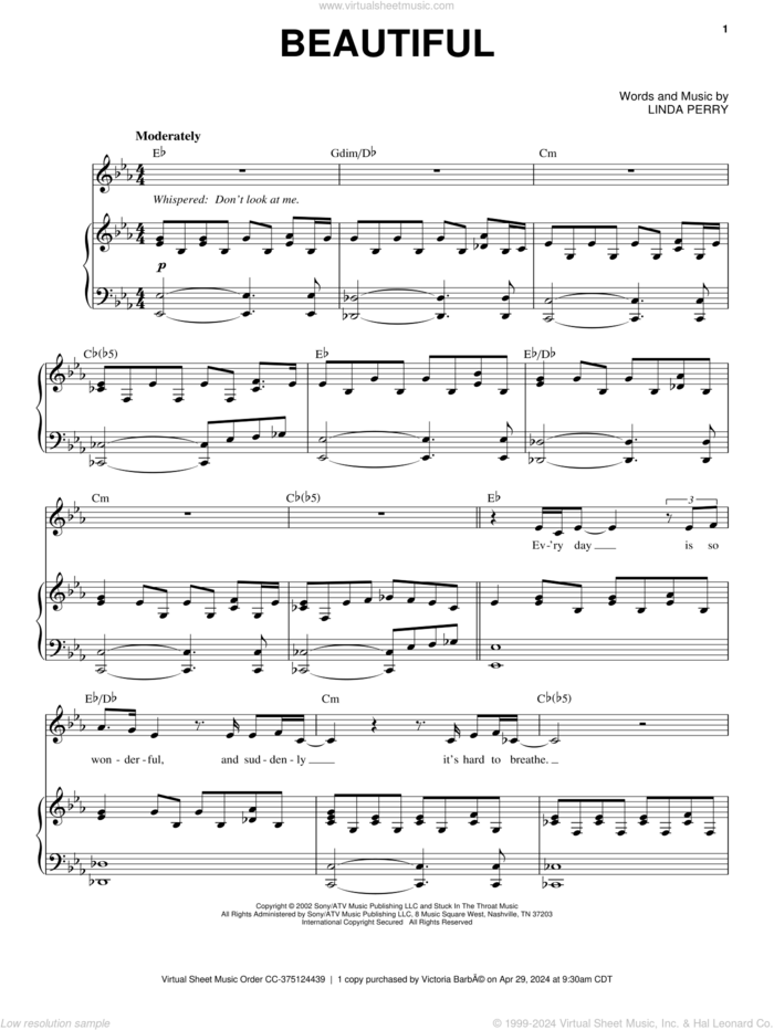 Beautiful sheet music for voice and piano by Christina Aguilera and Linda Perry, intermediate skill level