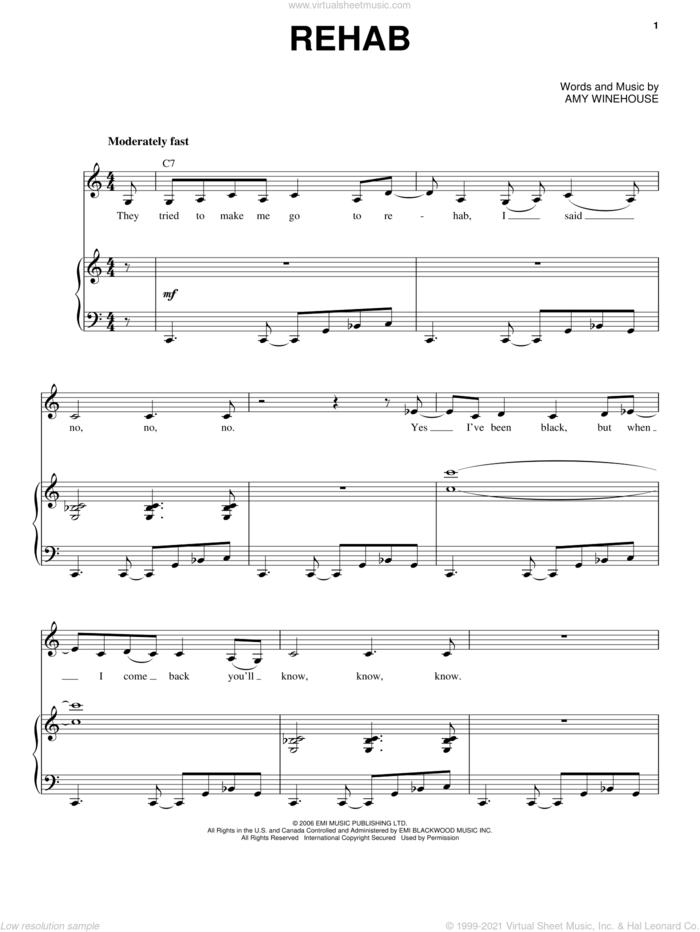 Rehab sheet music for voice and piano by Amy Winehouse, intermediate skill level