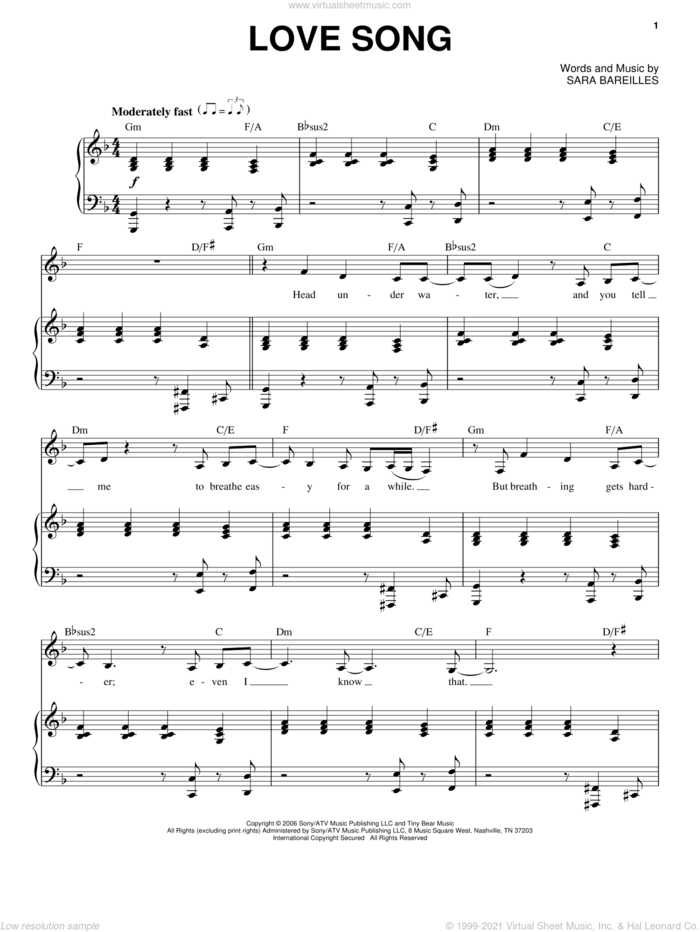 Love Song sheet music for voice and piano by Sara Bareilles, intermediate skill level