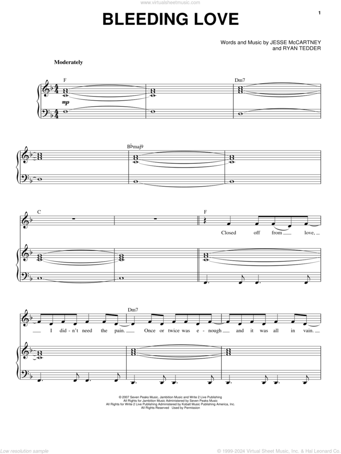 Bleeding Love sheet music for voice and piano by Leona Lewis, Jesse McCartney and Ryan Tedder, intermediate skill level