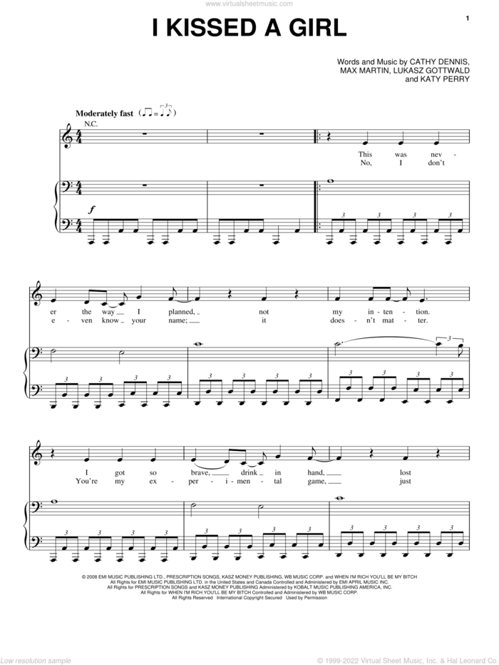 I Kissed A Girl sheet music for voice and piano by Katy Perry, Cathy Dennis, Lukasz Gottwald and Max Martin, intermediate skill level