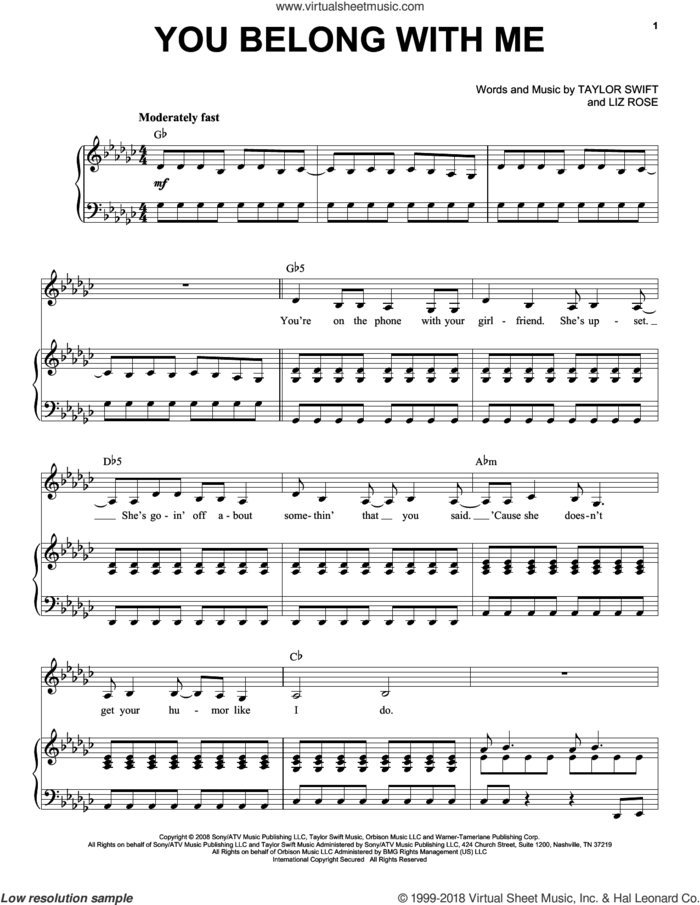 You Belong With Me sheet music for voice and piano by Taylor Swift and Liz Rose, intermediate skill level