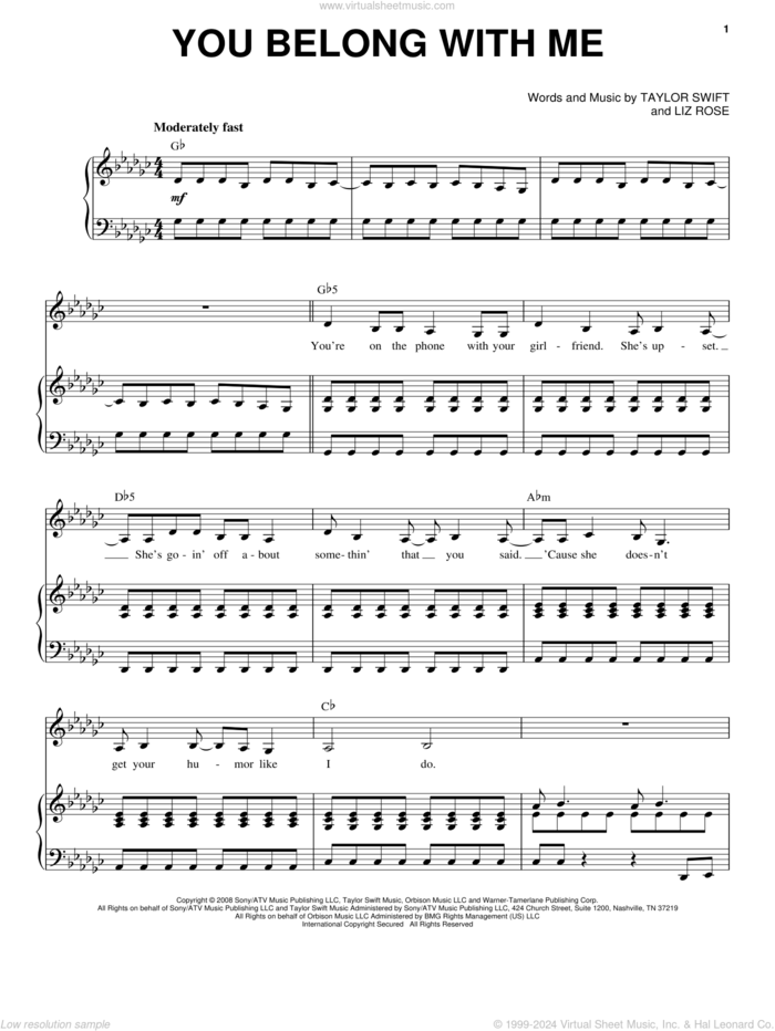 You Belong With Me sheet music for voice and piano by Taylor Swift and Liz Rose, intermediate skill level