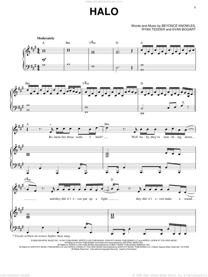 Halo sheet music for voice and piano by Beyonce, Beyonce Knowles, Evan Bogart and Ryan Tedder, intermediate skill level