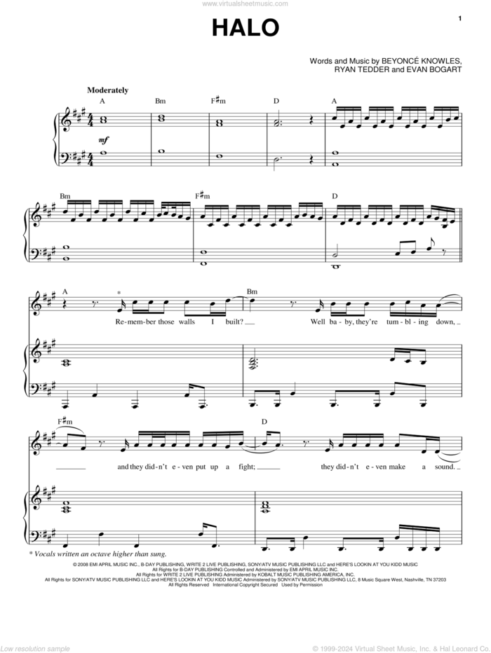 Halo sheet music for voice and piano by Beyonce, Beyonce Knowles, Evan Bogart and Ryan Tedder, intermediate skill level