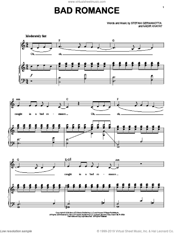 Bad Romance sheet music for voice and piano by Lady Gaga and Nadir Khayat, intermediate skill level