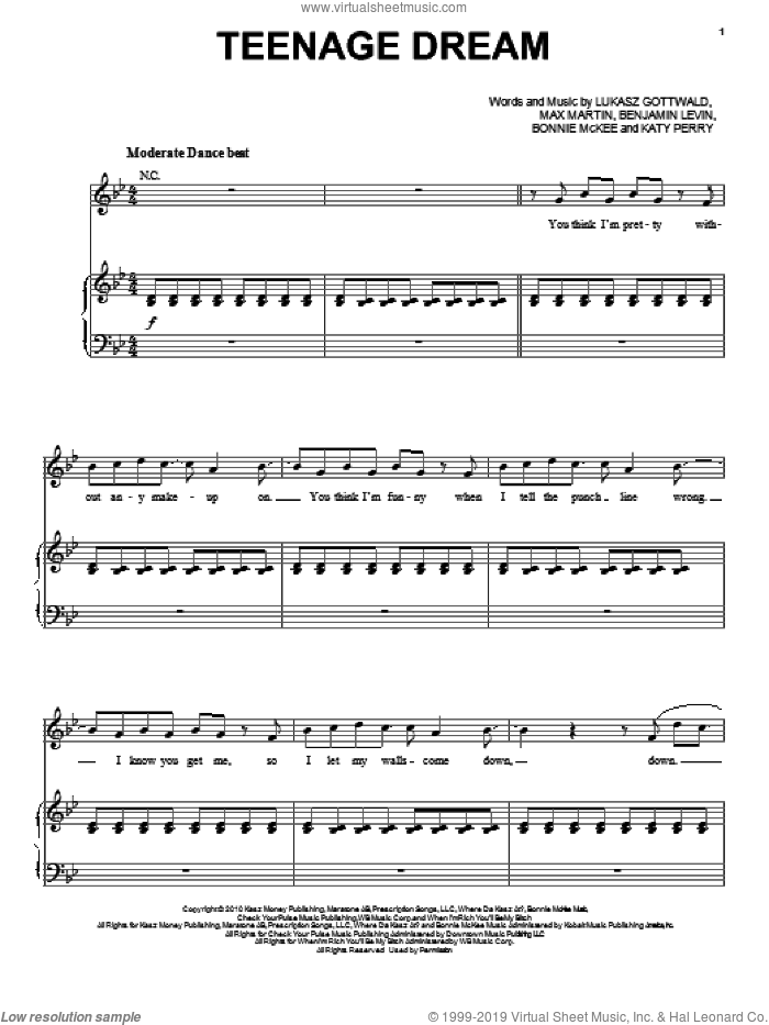 Teenage Dream sheet music for voice and piano by Katy Perry, Benjamin Levin, Bonnie McKee, Lukasz Gottwald and Max Martin, intermediate skill level