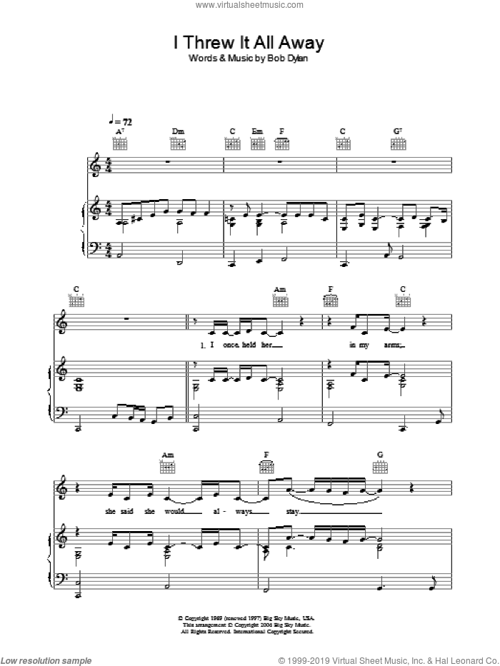 I Threw It All Away sheet music for voice, piano or guitar by Bob Dylan, intermediate skill level