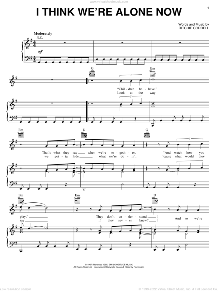 I Think We're Alone Now sheet music for voice, piano or guitar by Ritchie Cordell, Tiffany and Tommy James And The Shondells, intermediate skill level