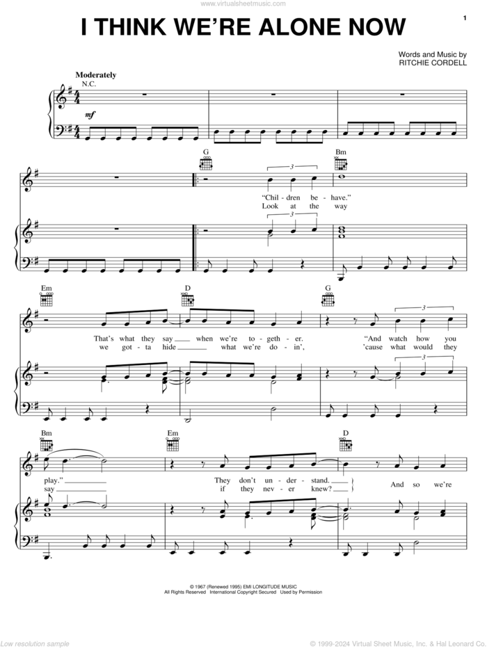 I Think We're Alone Now sheet music for voice, piano or guitar by Ritchie Cordell, Tiffany and Tommy James And The Shondells, intermediate skill level