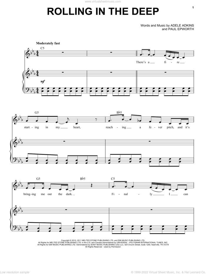 Rolling In The Deep sheet music for voice and piano by Adele and Adele Adkins, intermediate skill level