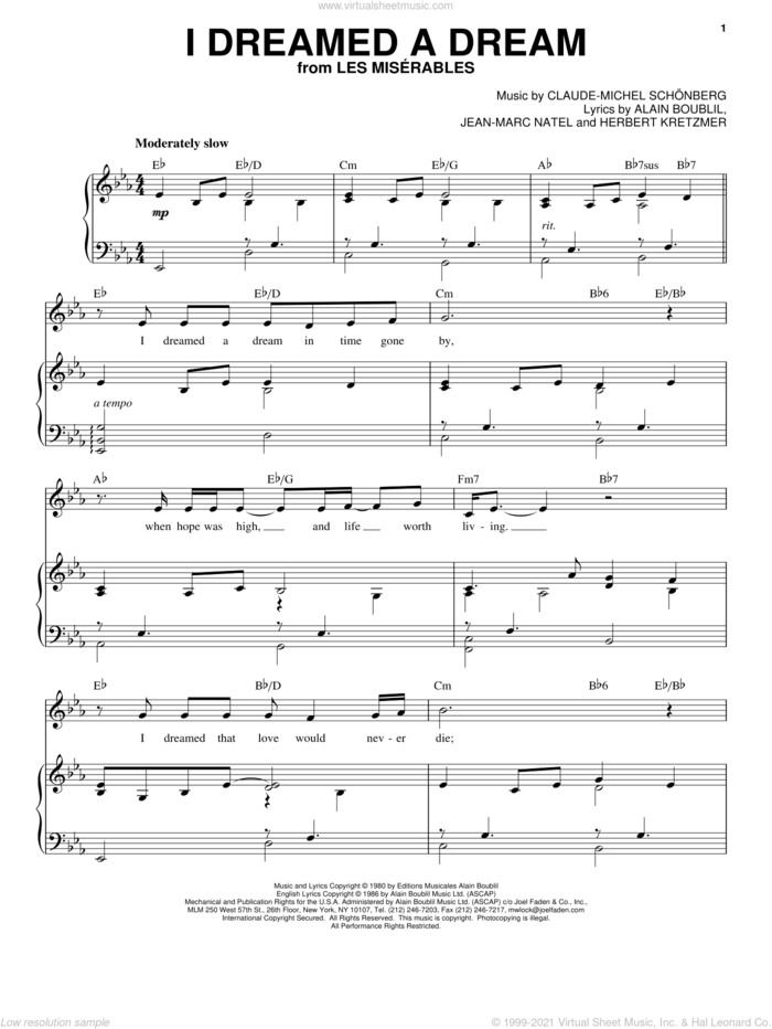 I Dreamed A Dream sheet music for voice and piano by Susan Boyle, Alain Boublil, Claude-Michel Schonberg, Herbert Kretzmer, Jean-Marc Natel and Les Miserables (Musical), intermediate skill level