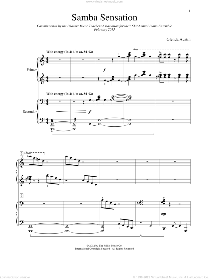 Samba Sensation sheet music for piano four hands by Glenda Austin, intermediate skill level