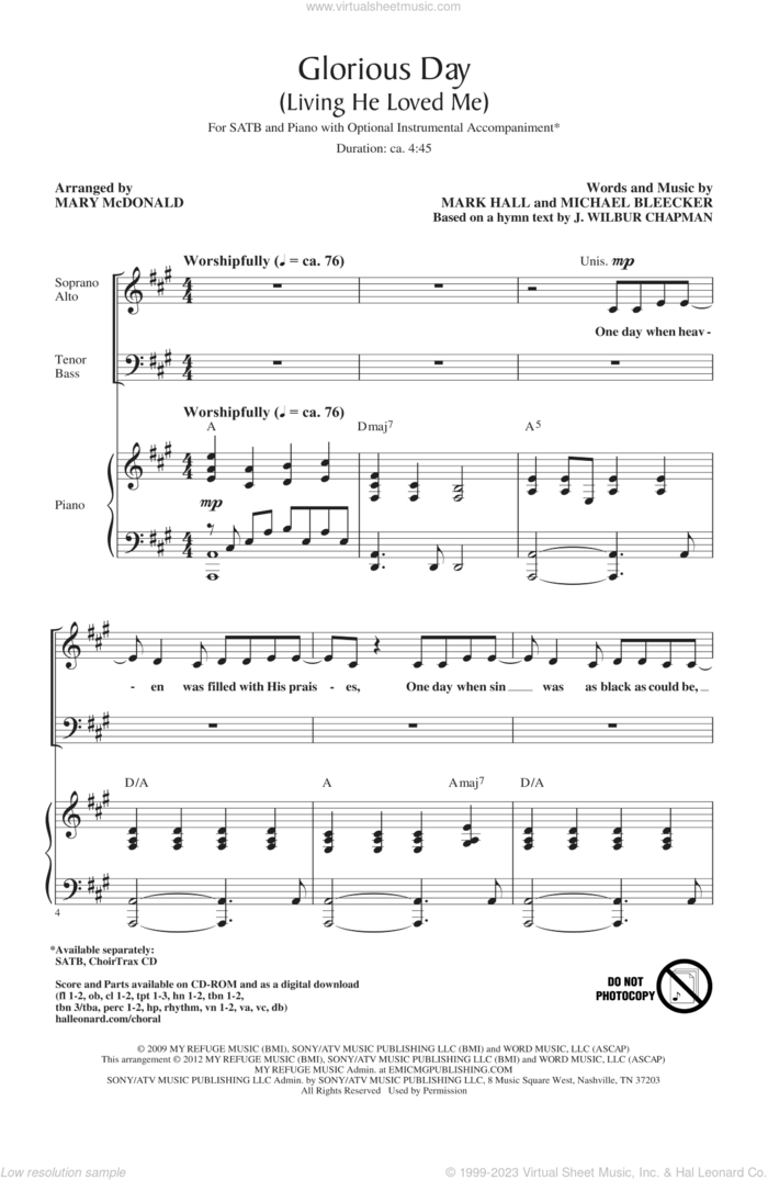 Glorious Day (Living He Loved Me) (arr. Mary McDonald) sheet music for choir (SATB: soprano, alto, tenor, bass) by Casting Crowns, Mark Hall, Mary McDonald and Michael Bleaker, intermediate skill level