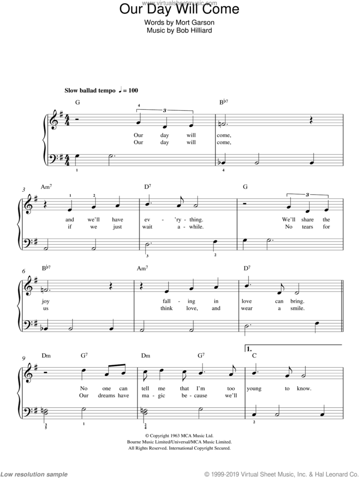 Our Day Will Come sheet music for piano solo by Amy Winehouse, Bob Hilliard and Mort Garson, easy skill level