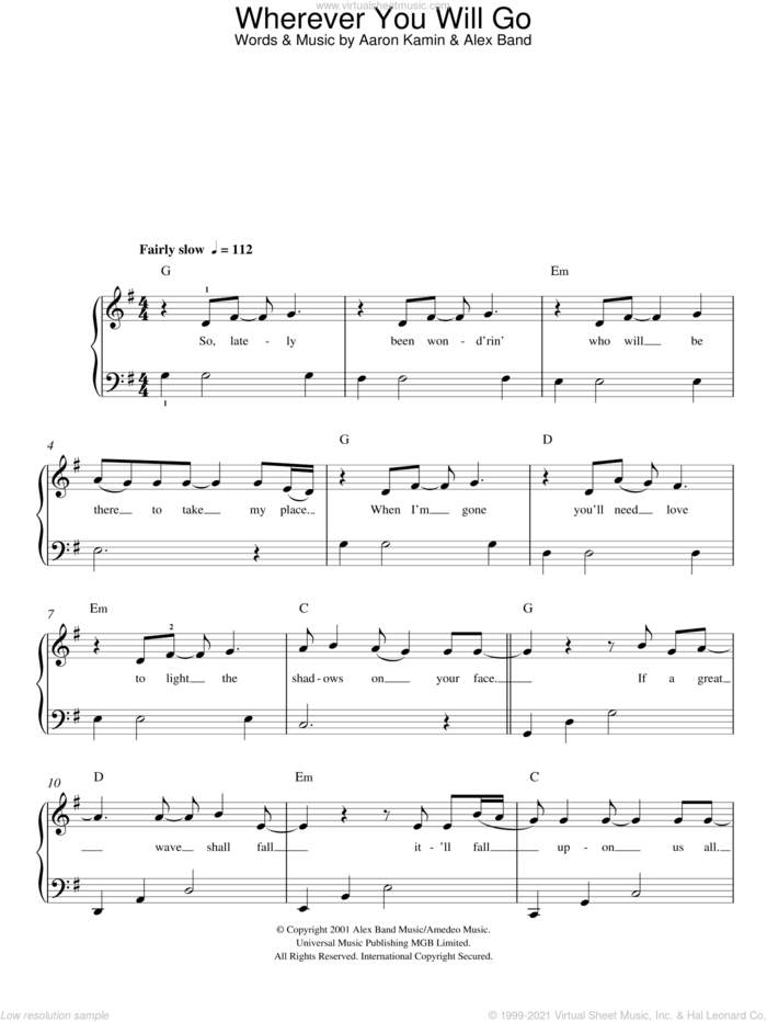 Wherever You Will Go sheet music for piano solo by Charlene Soraia, The Calling, Aaron Kamin and Alex Band, easy skill level