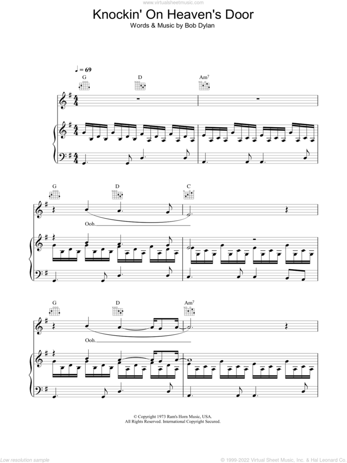 Knockin' On Heaven's Door sheet music for voice, piano or guitar by Bob Dylan and Eric Clapton, intermediate skill level