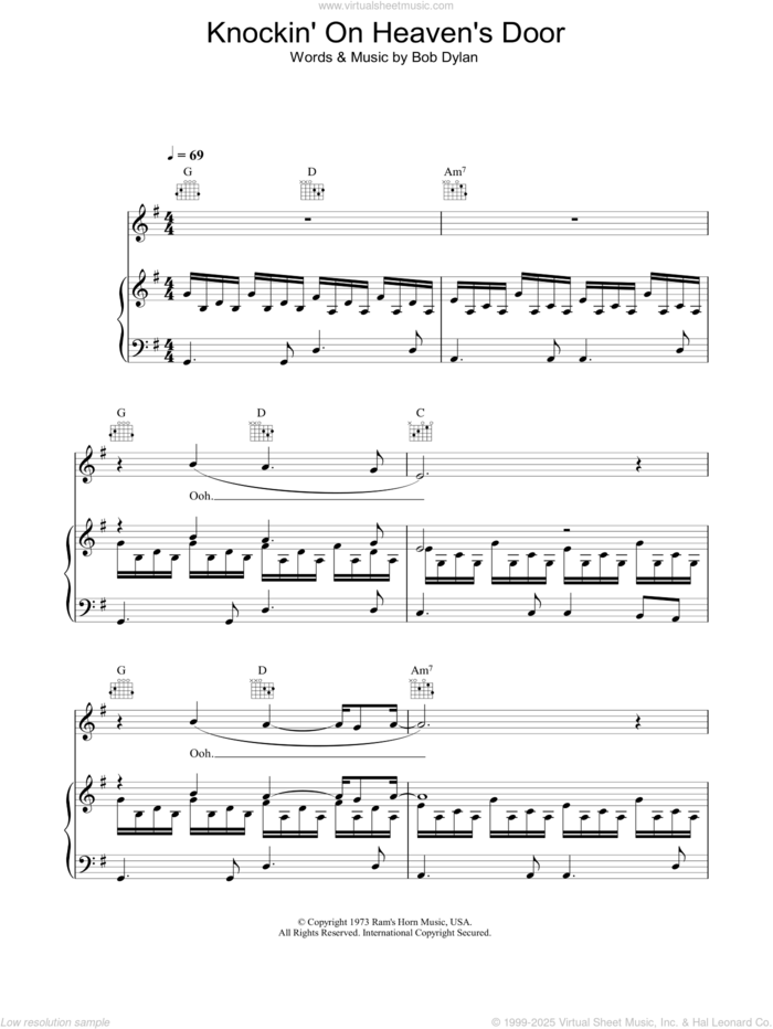 Knockin' On Heaven's Door sheet music for voice, piano or guitar by Bob Dylan and Eric Clapton, intermediate skill level